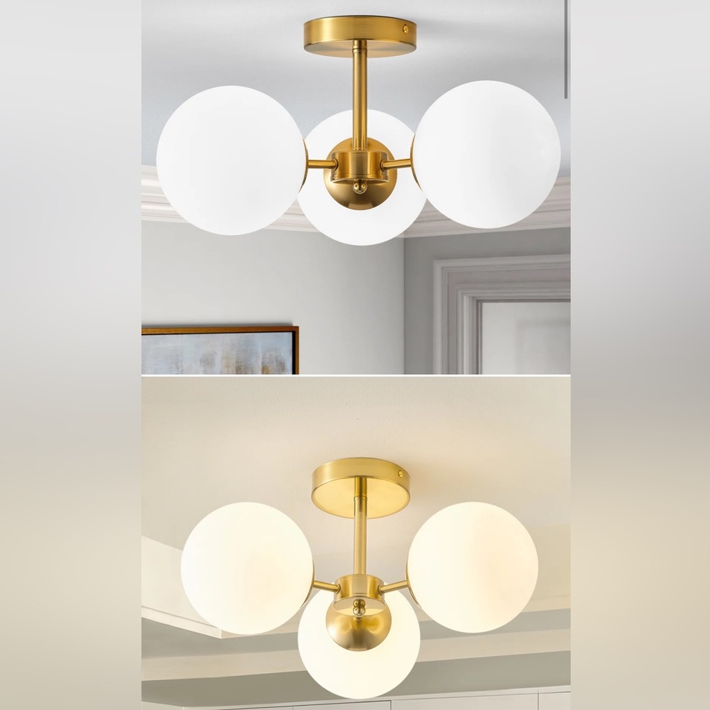 3 Light White Globe Glass Semi Flush Mount Ceiling Light